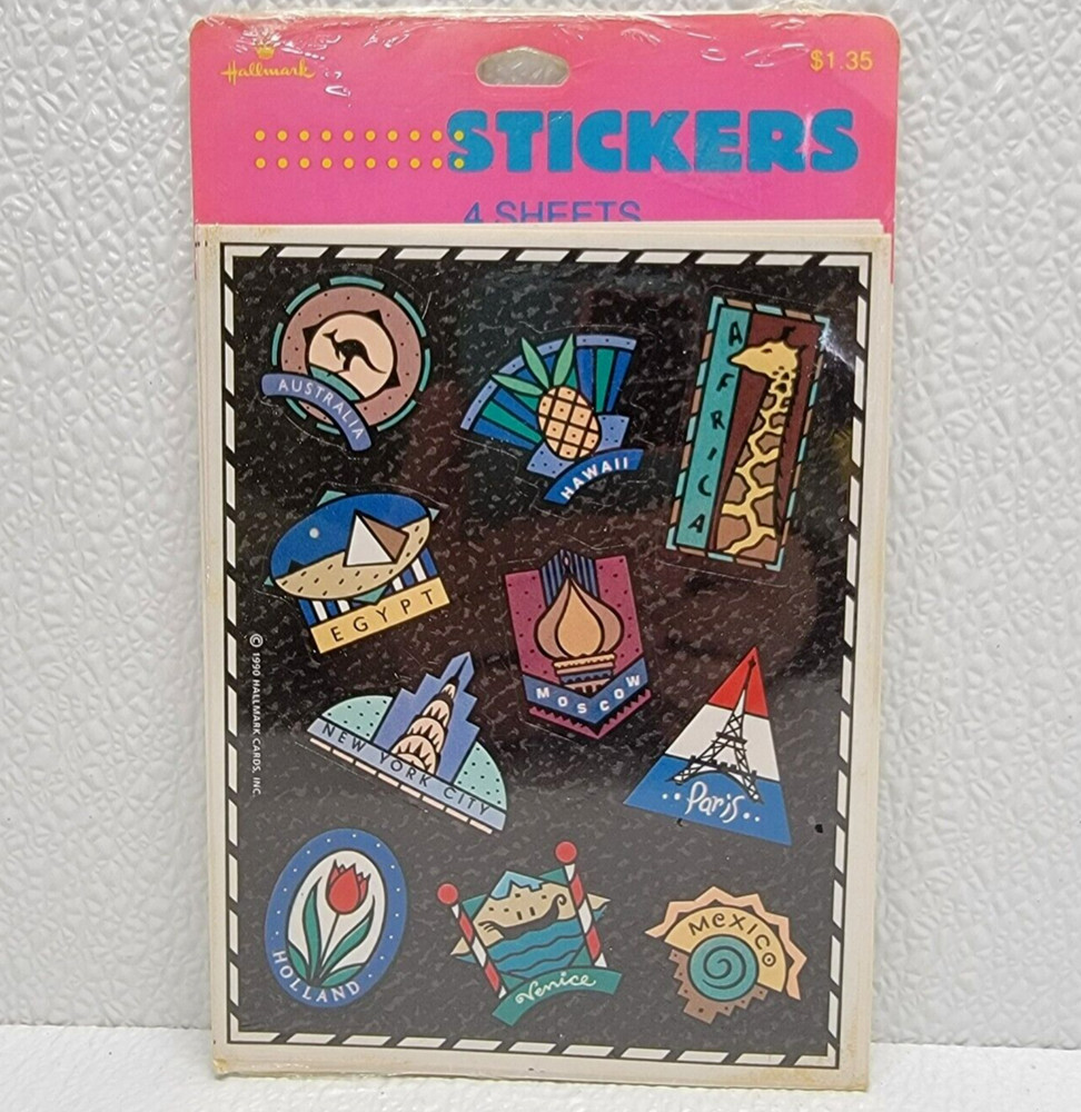 Vintage 1990 Hallmark Stickers Australia Egypt NYC Mexico etc. 4 Sheets – New!