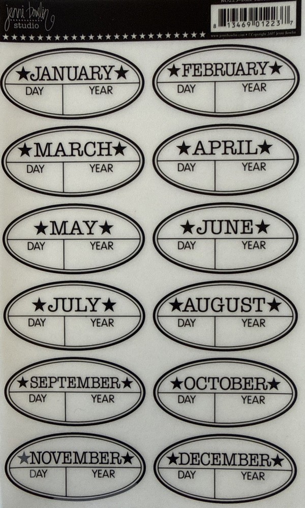 BLACK OVAL DATE LABEL Rub-On Transfers(4-3/4”x 7”)Months •Day•Year•Card Making•