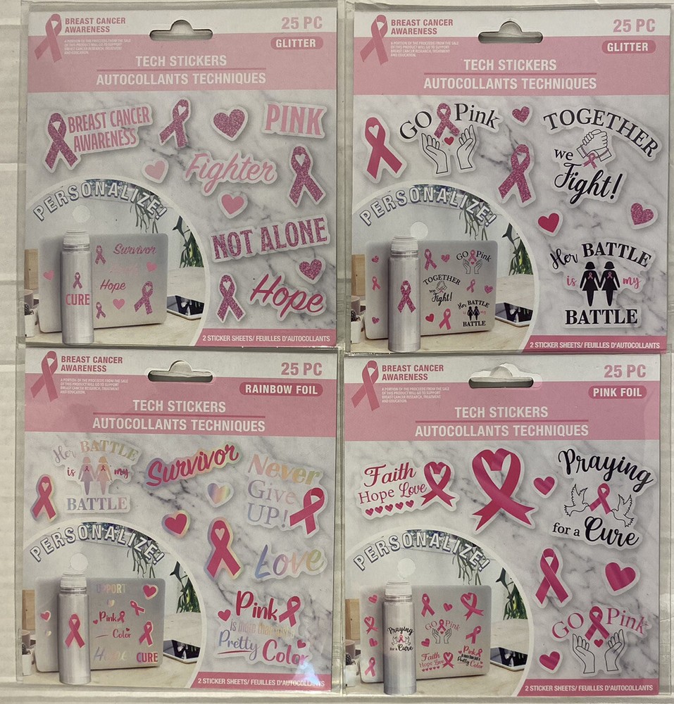 Breast Cancer Awareness 4Pks Of 25 2Pks Pink Foil 2Pks Glitter Tech Stickers~Ne