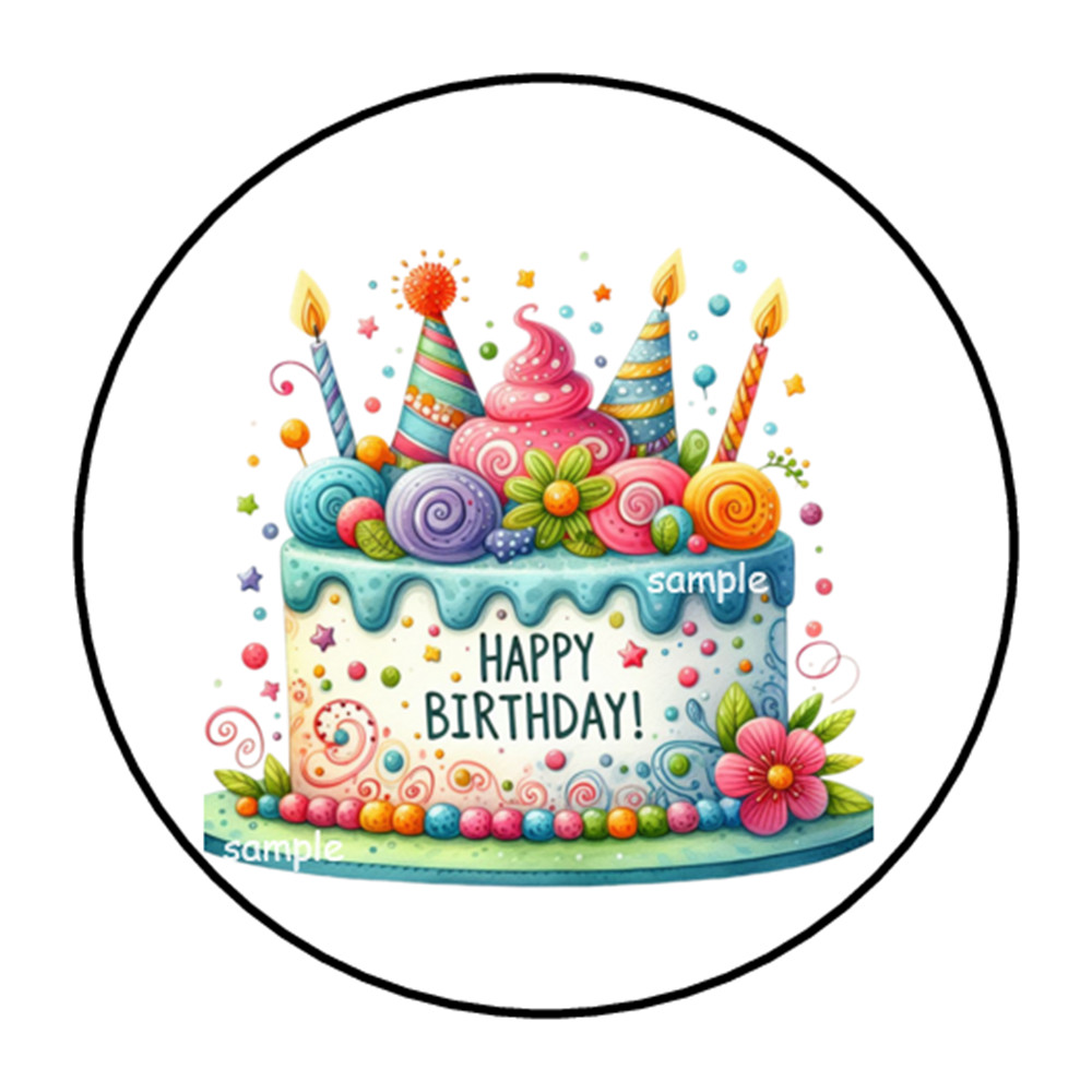 30 HAPPY BIRTHDAY CAKE ENVELOPE SEALS STICKERS LABELS TAGS 1.5″ ROUND