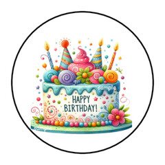 30 HAPPY BIRTHDAY CAKE ENVELOPE SEALS STICKERS LABELS TAGS 1.5″ ROUND