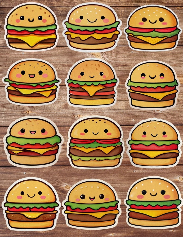 Kawaii Cheeseburger Vinyl Die Cut Stickers Set Scrapbooking Laptop Water Bottle