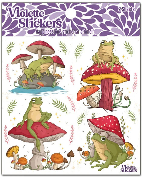 Violette Stickers 2 Sheets King Frog Frogs Red Mushrooms Fern Leaves