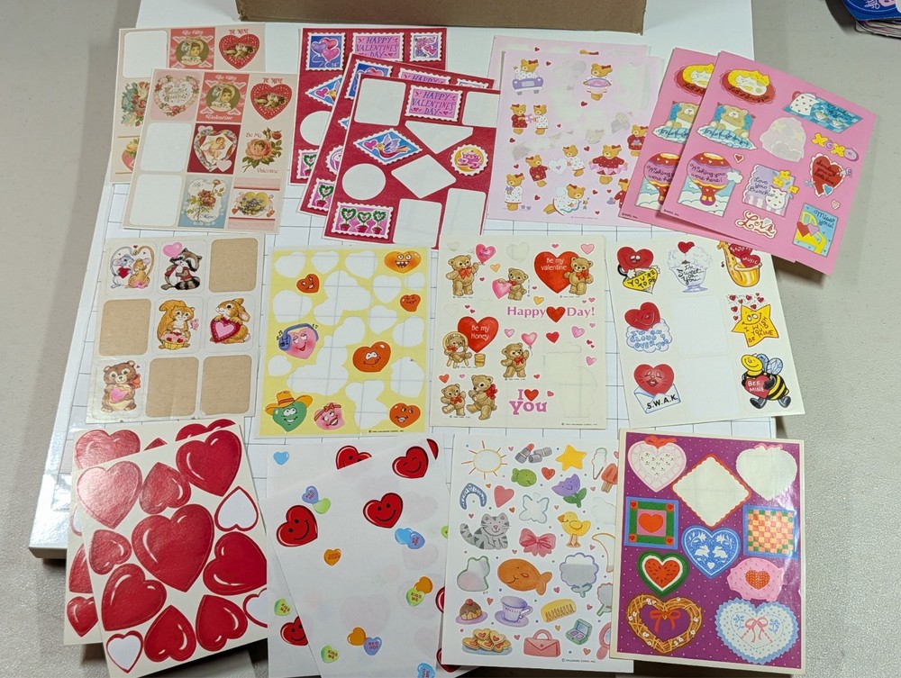 Mixed Lot Partial Sheets – Vintage Stickers Hearts Valentines 1980s