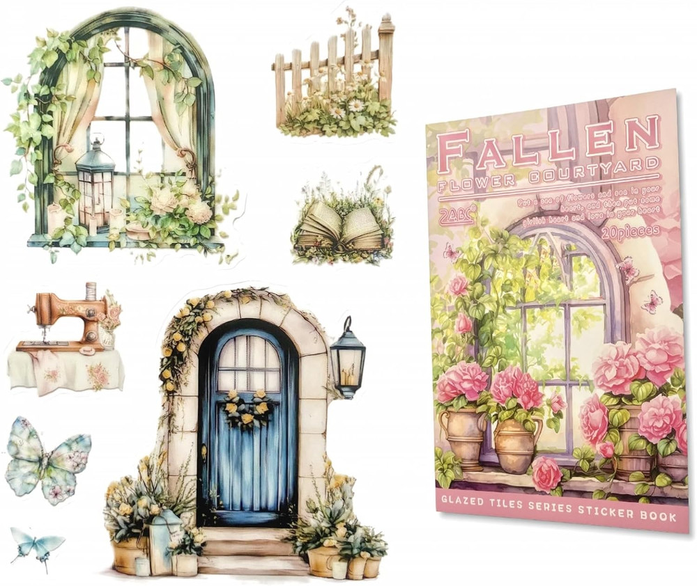 Glazed Tile House Fallen Flower Courtyard Sticker – 20 Sheets Waterproof PET Sc