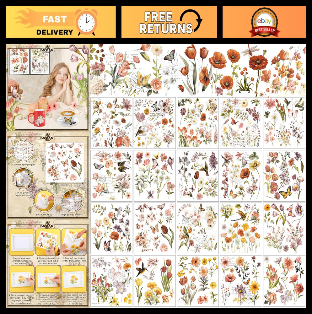 25 Vintage Flower Rub-On Transfers – Wildflower Stickers for DIY Crafts & Home D
