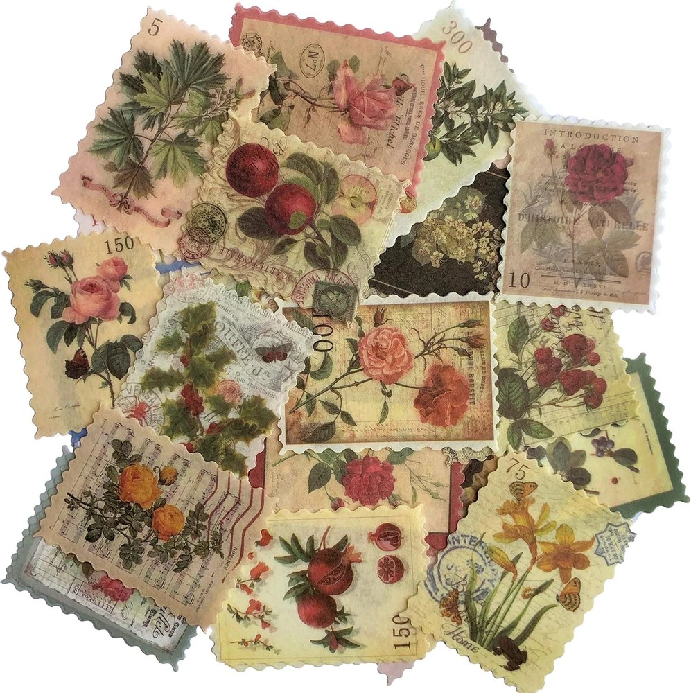 60pcs Vintage Postage Stamp Stickers, Aesthetic Botanical Deco Paper Sticker for