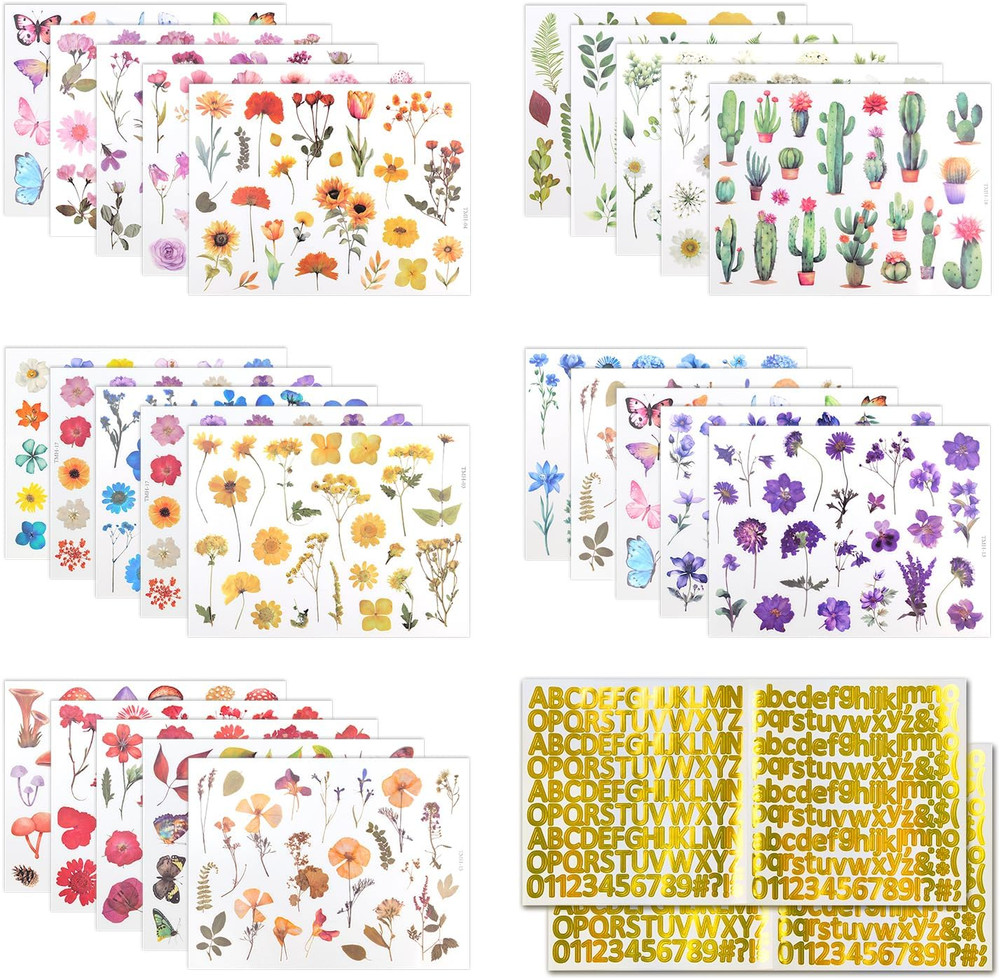 500Pcs Natural Flower Stickers with 260Pcs Letter Stickers,Self-Adhesive Flower