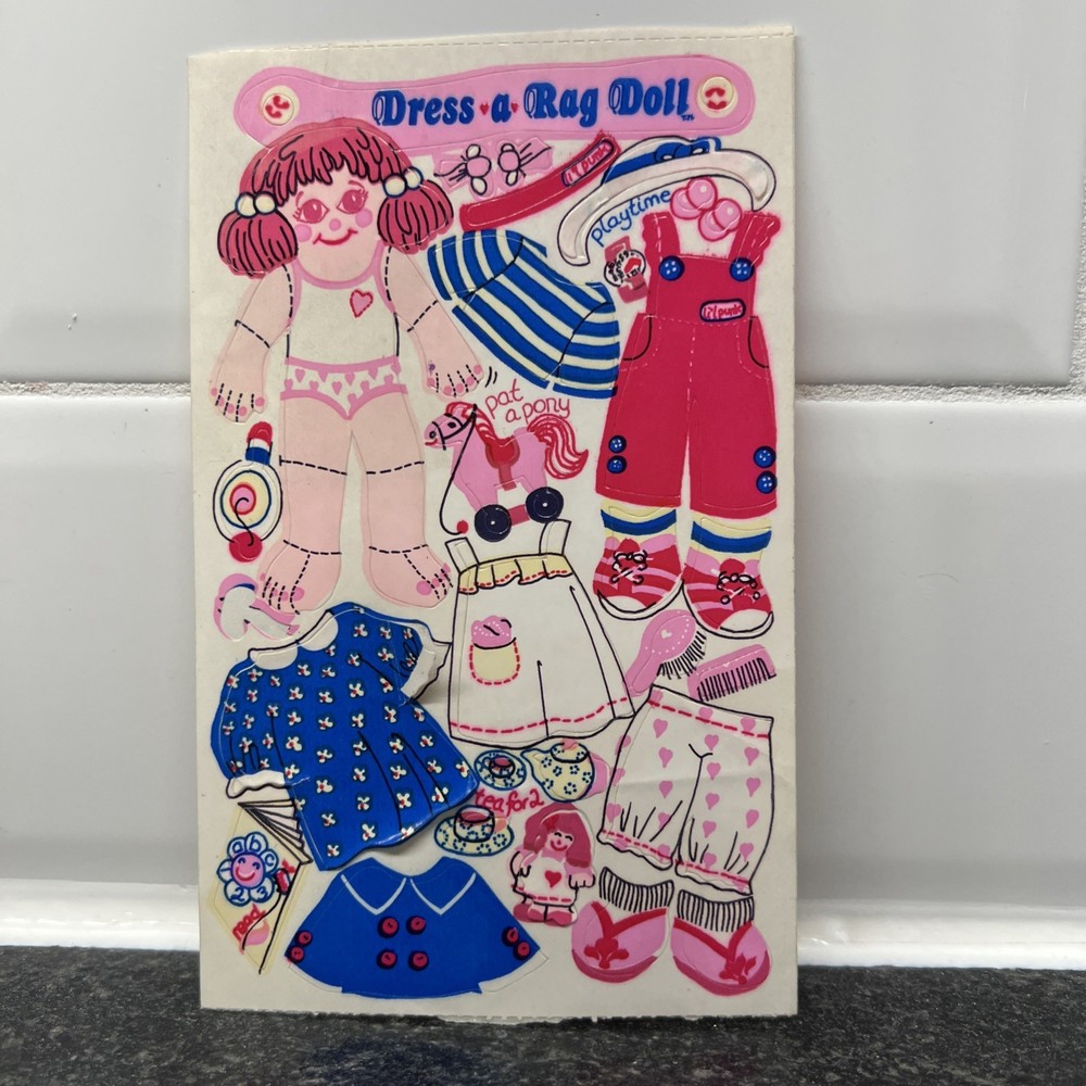 RARE 1984 Sandylion Maxi Activity Sheet Stickers DRESS A RAG DOLL Pink And Blue
