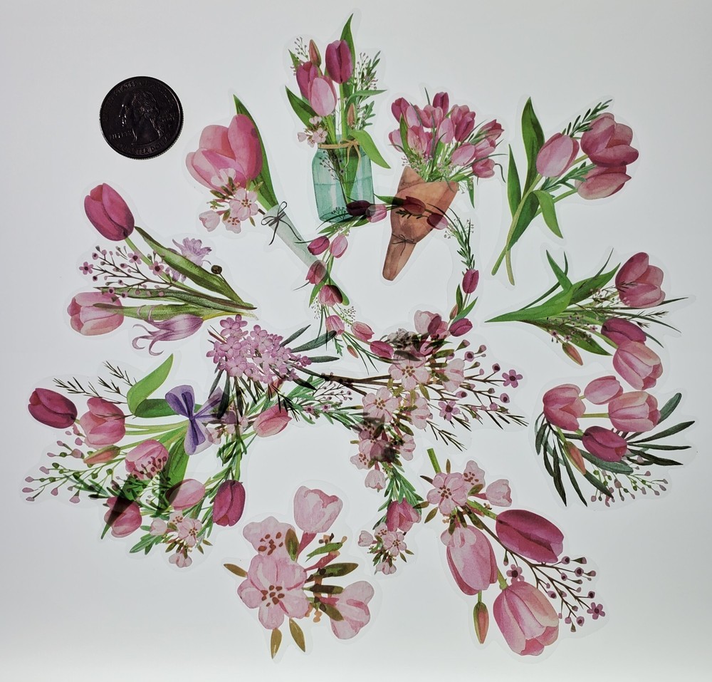 Pink Tulips Floral stickers. 30 stickers. 15 designs-2 each.