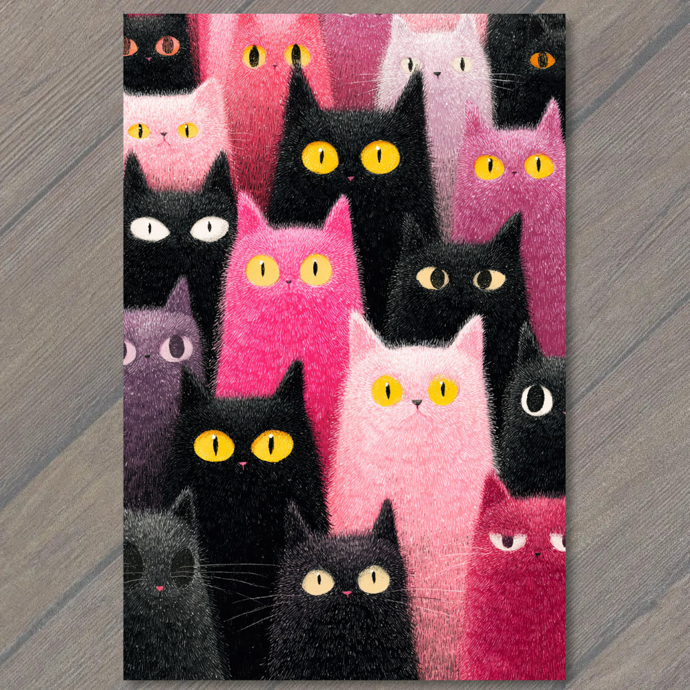 STICKER Pink Black Orange Cats Yellow Eyes Cute Feline Crowd Artwork