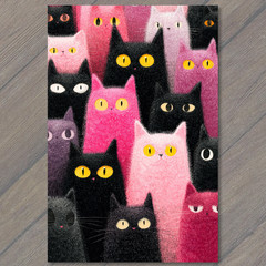 STICKER Pink Black Orange Cats Yellow Eyes Cute Feline Crowd Artwork