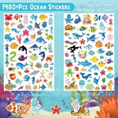 1480PCS Ocean Stickers for Kids, 24 Sheets, Vinyl, Waterproof Under The Sea F…