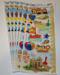 6 Beach Scrapbook Sticker Sheets-Sand Castle, Bomb Pop, Waves, Sunglasses, Shell