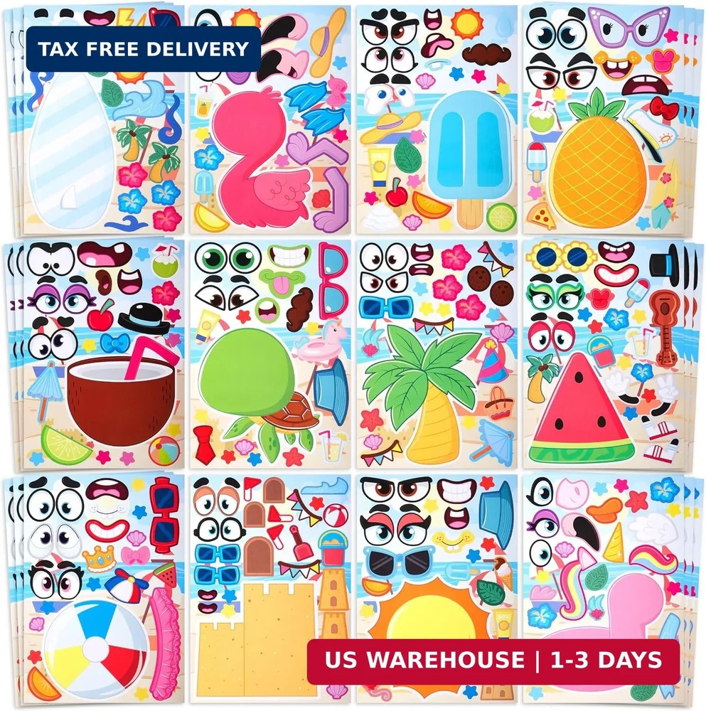 JOYIN 36 Pcs 9″x6″ Summer Make a face Stickers for Kids, Make Your Own Hawaii Po