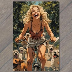STICKER Blonde Woman Bike Riding Dogs Summer Trail Joyful Forest Laugh