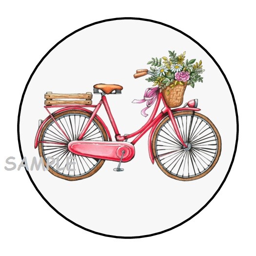 30 PRETTY CLASSIC BIKE WITH FLOWERS ENVELOPE SEALS LABELS STICKERS 1.5″ ROUND