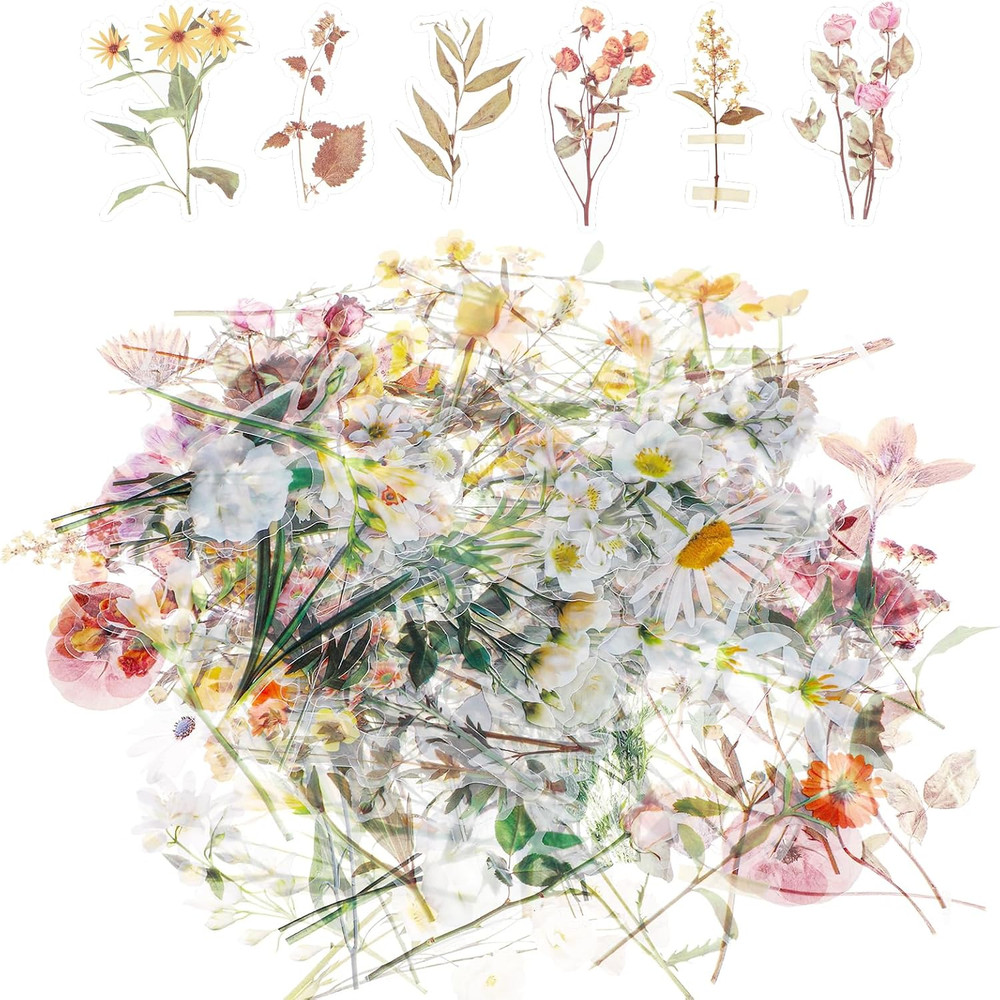 120 Pcs Transparent Flower Stickers for Scrapbooking PET Nature Plant Floral