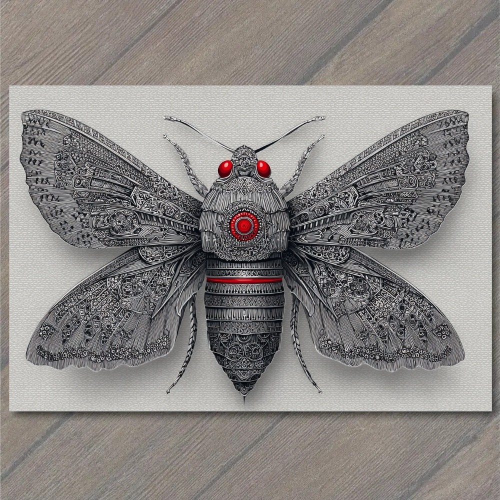 STICKER Mechanical Moth Red Eyes Gothic Entomology Dark Surreal Silver