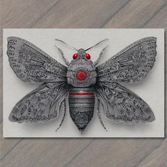 STICKER Mechanical Moth Red Eyes Gothic Entomology Dark Surreal Silver