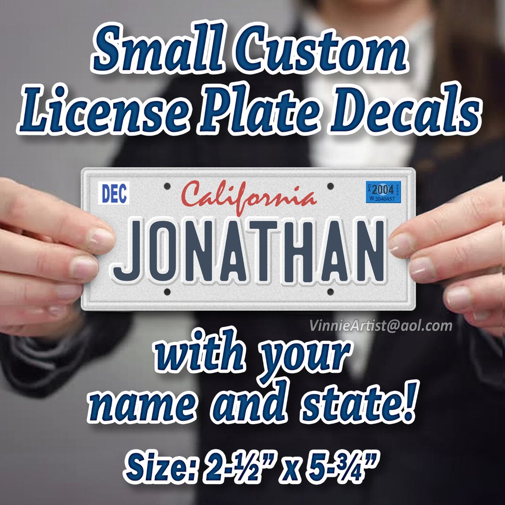 SMALL Custom License Plate Stickers with Name & State Decals Artwork Gift