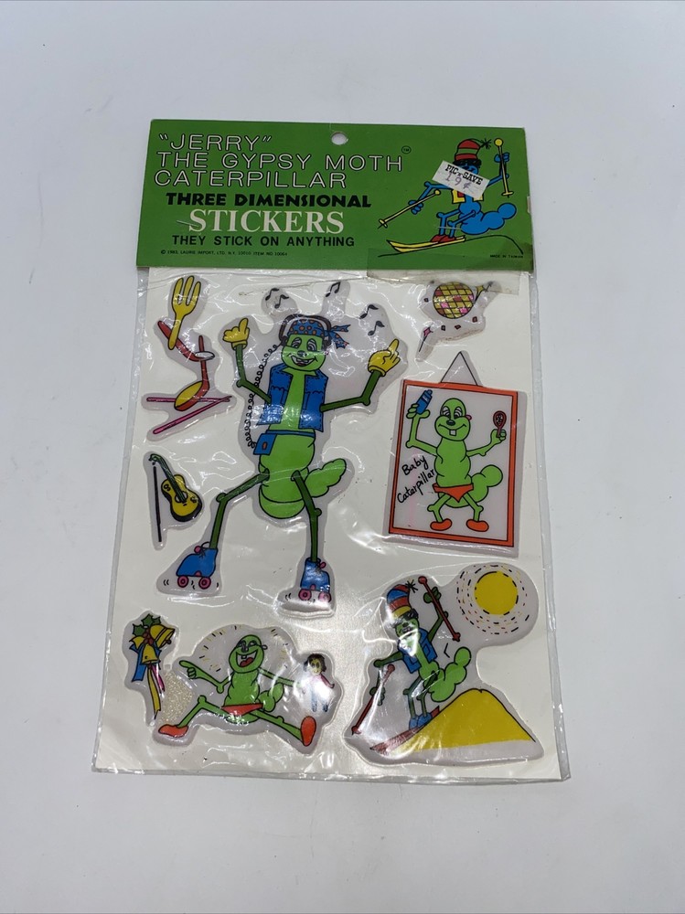 Vintage 1983 Jerry The Gypsy Moth Caterpillar Sealed Puffy Stickers NOS