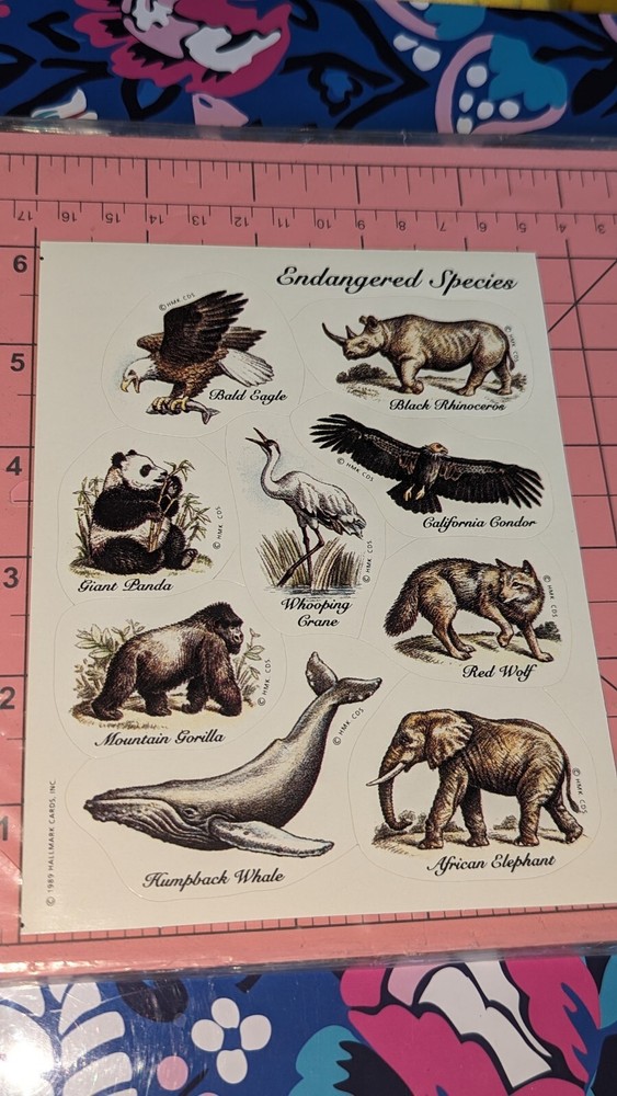 Vintage Hallmark Stickers Endangered Species Panda Rhino Gorilla Wolf 1 Sheet
