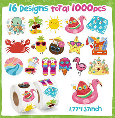 1000Pcs Summer Stickers for Kids, 2 Rolls Hawaiian Tropical Beach Self Adhesive