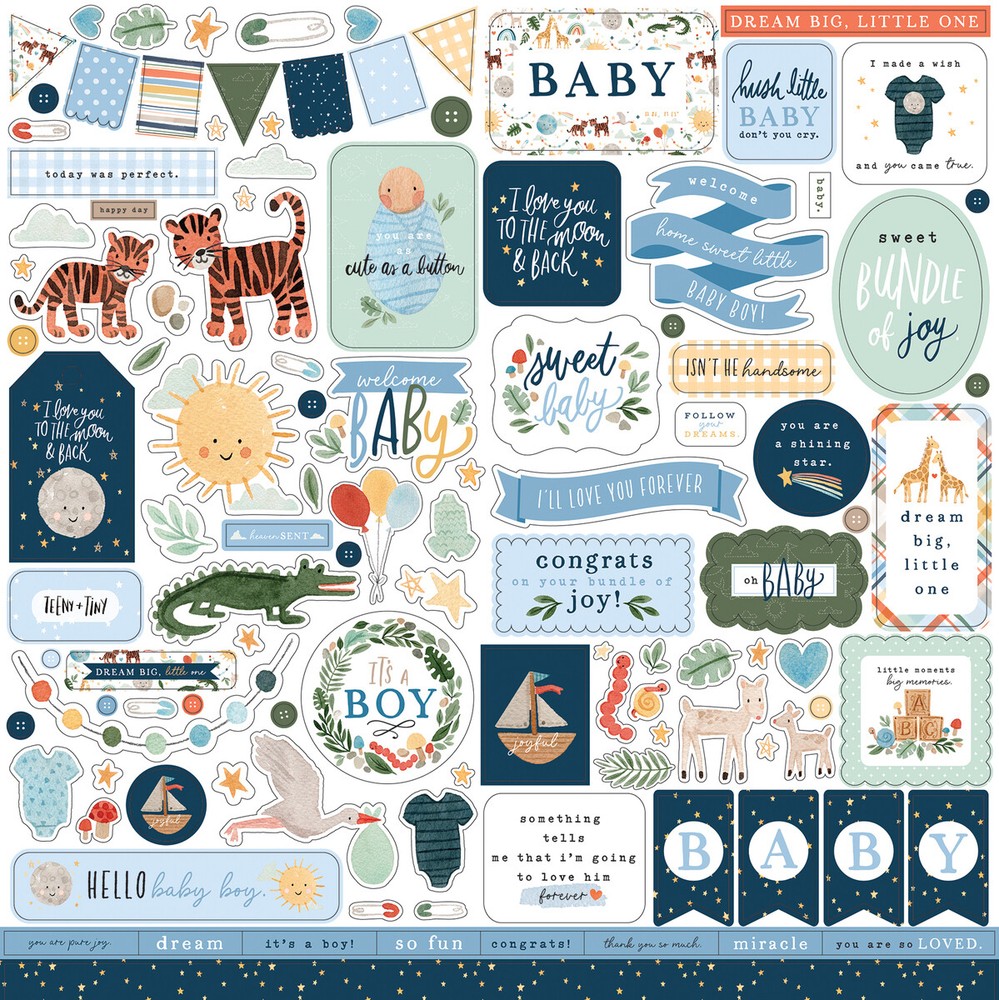 (1) 12×12 Sheet of Echo Park Paper WELCOME BABY BOY Scrapbook Element Stickers