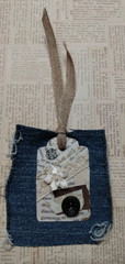 Six OOAK Junk Journal Denim Tags Ephemera Scrapbooking VTG Embellished Handmade