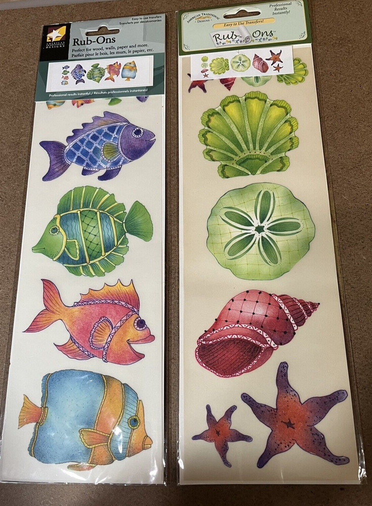 2 American Traditional Designs Rub-Ons–Fun Fish Brights / Shells–4″ x 12″–New