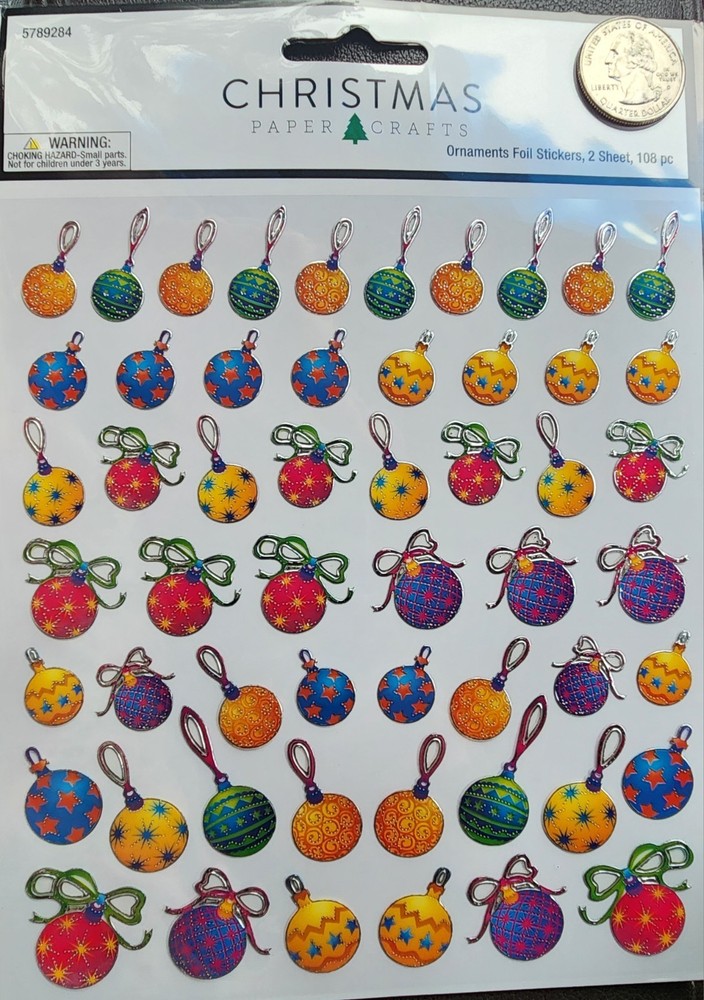 Ornament Foil Stickers – 2 Sheets – 108 Stickers- Christmas Paper Crafts – G2