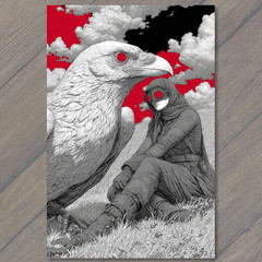 STICKER Woman Raven Red Eyes Gothic Fantasy Surreal Dark Sky Black White Art
