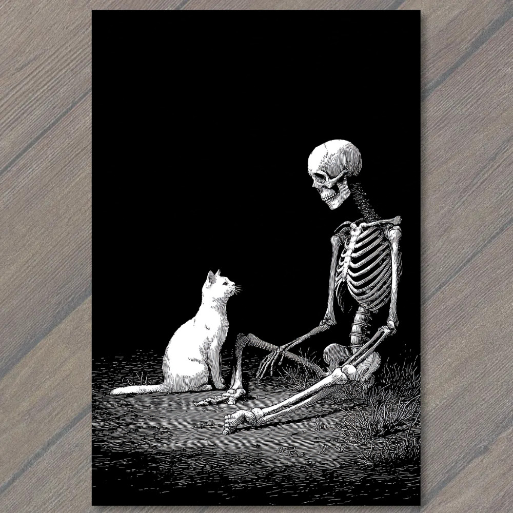 STICKER Skeleton Cat Companionship Gothic Dark Minimalist Black White Macabre