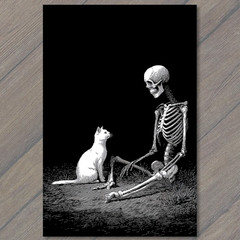 STICKER Skeleton Cat Companionship Gothic Dark Minimalist Black White Macabre