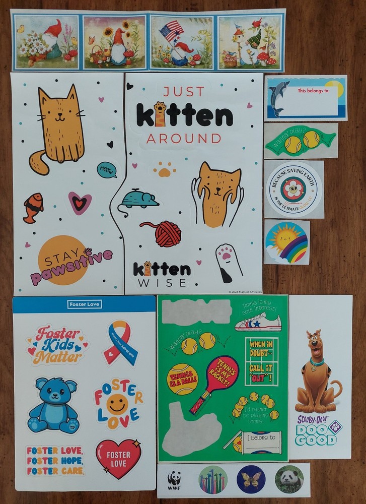 38 Stickers Lot Scooby Doo Cat Elf Panda Foster Care Vintage 80s Hallmark Tennis