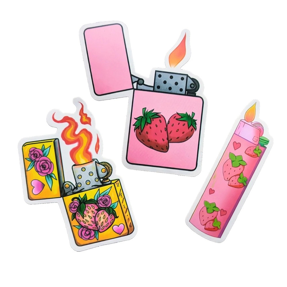 Smoking Lighter Fun Hippie Colorful Strawberry Stickers Lot Of 3 Pc Pcs