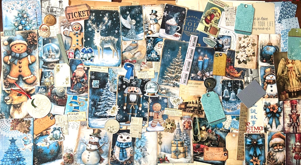 #26 – 150+pcs Blue Christmas JUNK JOURNAL 3D Kit with REAL EPHEMERA Mixed Media