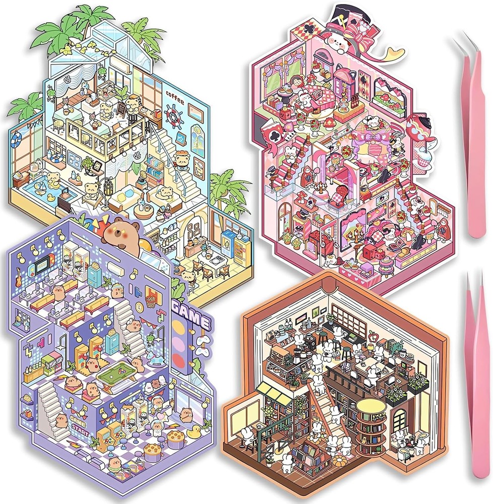 4 Sets Big DIY 3D Sticker Scene Isometric Miniature Room Stickers Book for Kids