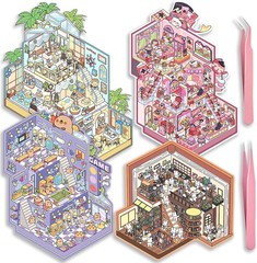 4 Sets Big DIY 3D Sticker Scene Isometric Miniature Room Stickers Book for Kids