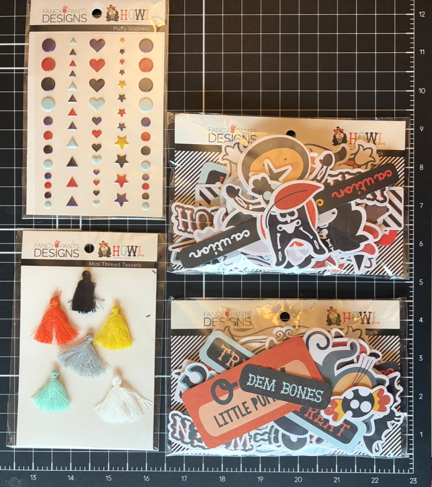 Fancy Pants Designs HOWL Halloween LOT Mini Tassels, Flair, Stickers, Ephemera