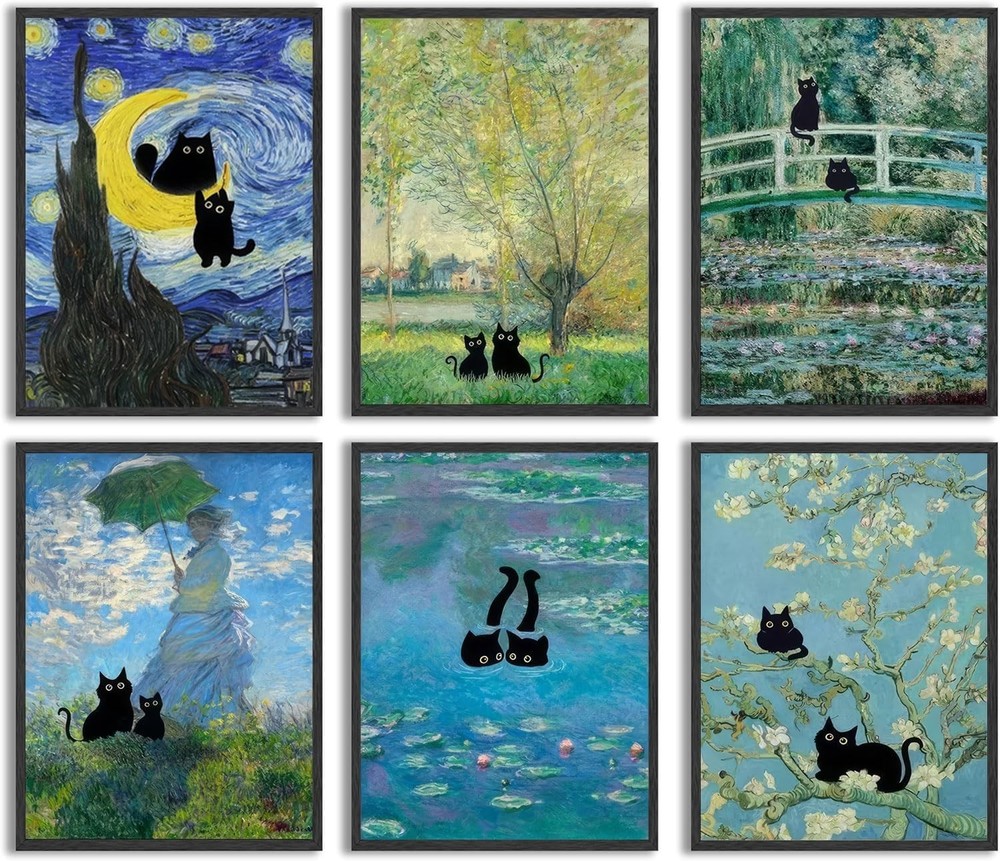 Funny Black Cat Wall Art Set of Six Vintage Monet Matisse Van Gogh Style Cats