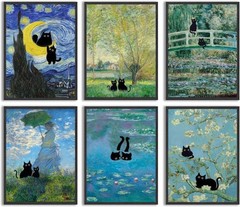 Funny Black Cat Wall Art Set of Six Vintage Monet Matisse Van Gogh Style Cats