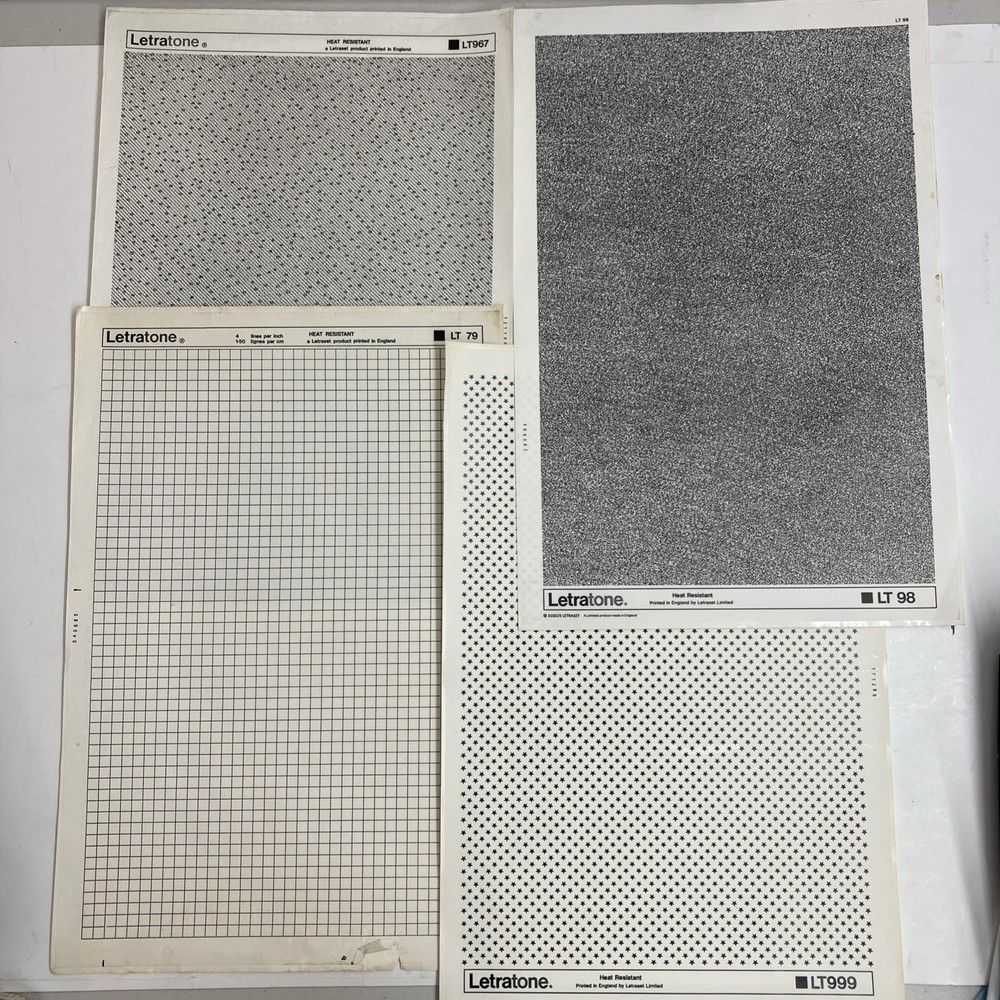 4 Full Letraset Letratone Sheets, Many Partials/Scraps LT967 LT999 LT98 LT79 454