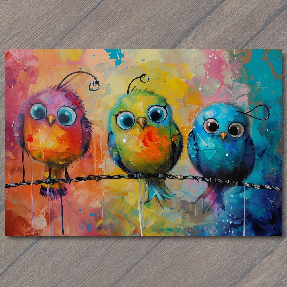 STICKER Birds On A Wire Cute Big Eyes Acrylic Painting Cartoon Style Colorful