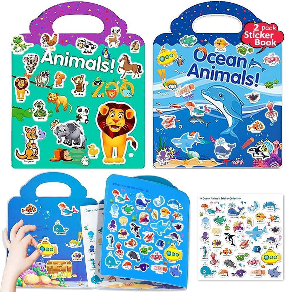 Reusable Sticker Books for Kids, 2 Sets Travel Removable Toddler Sticker Books f