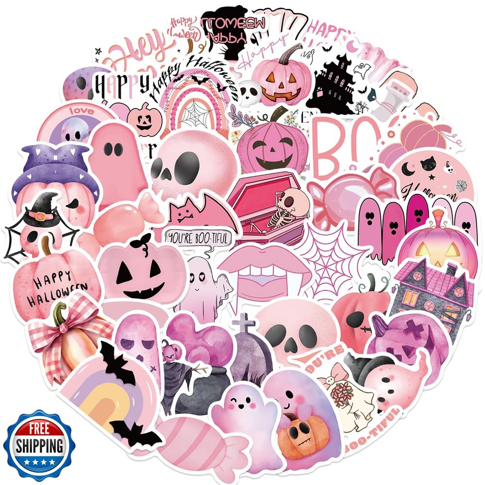 50pcs Pink Halloween Stickers,Pink Ghost and Pumpkin Sticker Kawaii Ghost Sty
