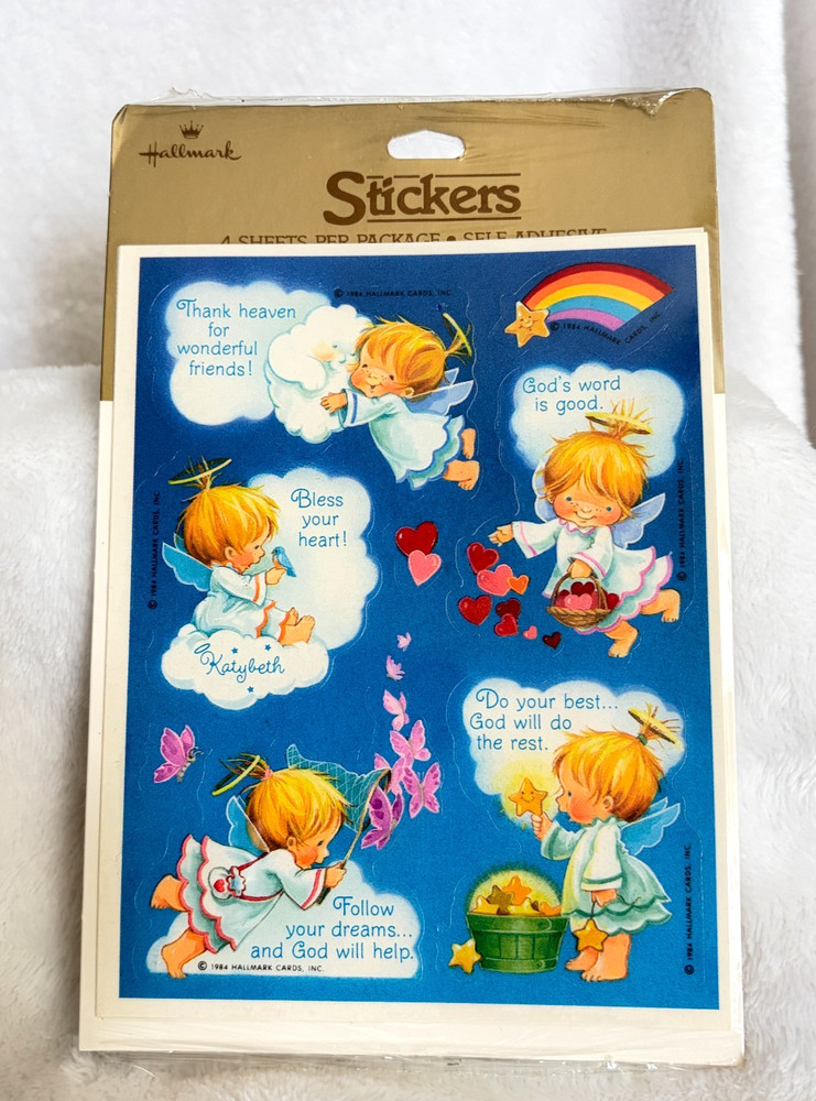 New Vintage 1984 Hallmark Angel Rainbow Clouds Hearts Religious Phrases Stickers