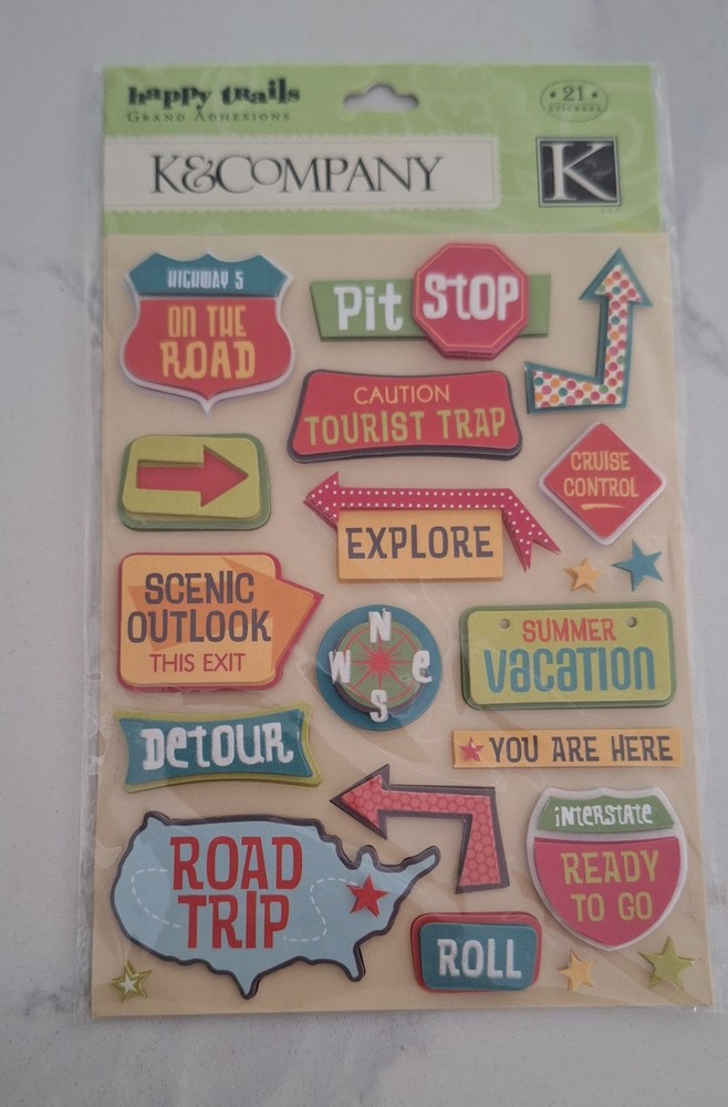 K&COMPANY Happy Trails ROAD SIGNS Vacation Travel Trip Scrapbook Stickers