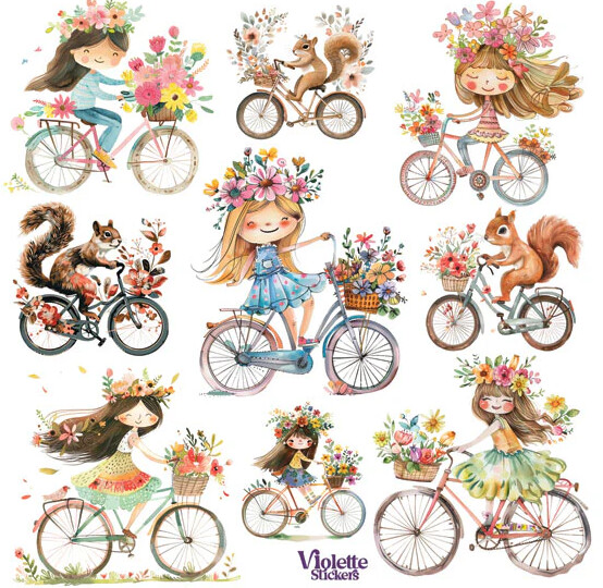 Violette Stickers Girls & Squirrels on Bikes Crafts Planner Supply Scrapbook